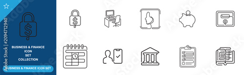 Financial data security and banking icons including locked funds and office organization.