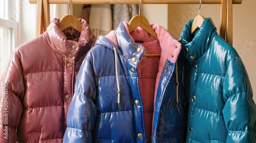Three colorful puffer jackets hanging on display. Winter outerwear collection showcasing vibrant insulated coats. Fashionable cold-weather apparel...