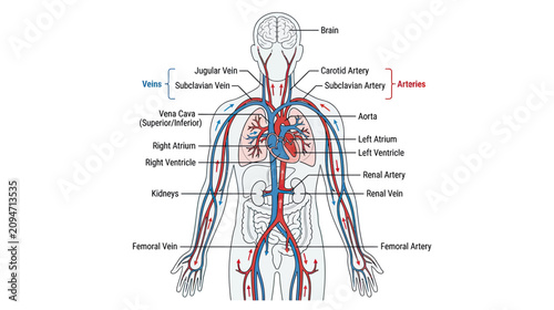 Fotografía Human Circulatory System Anatomy Diagram: Heart, Arteries, Veins