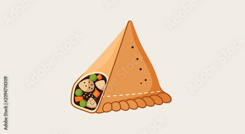 A single savory pastry filled with vegetables, presented on a light background
