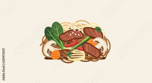 Noodles with steak, mushrooms, spinach, carrots, and peppers