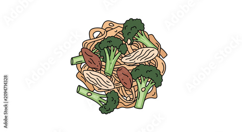 Close-up cartoon illustration of noodles with broccoli, chicken, and nuts