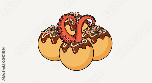 Cartoon octopus tentacles emerge from topped, round savory balls