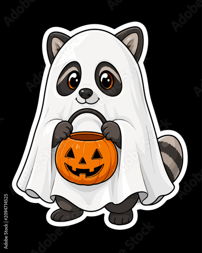 Cute Raccoon in Ghost Costume Holding Jack O Lantern Pumpkin Bucket for Halloween Trick or Treat