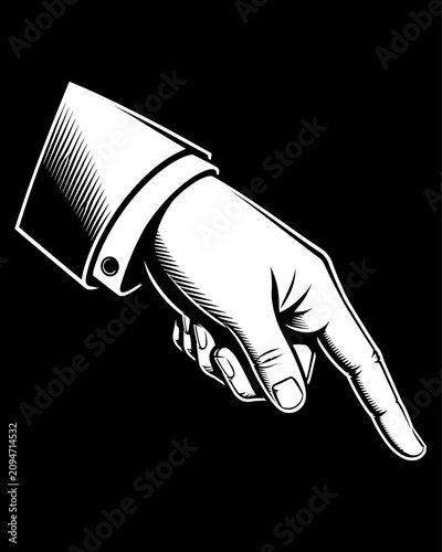 Simple White Cartoon Hand Pointing Down in Minimal Black and White Line Art Style