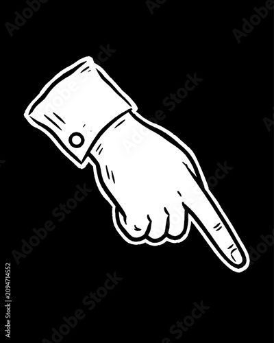 Vintage Engraved Hand Pointing Down in Detailed Black and White Retro Illustration