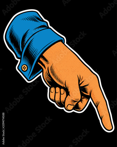 Colorful Pop Art Hand Pointing Down with Blue Sleeve and Halftone Comic Style on Black Background