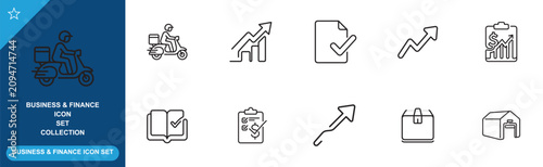 Logistic and financial business icon set featuring delivery scooter and growth chart reports.