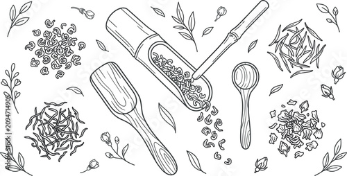 Vintage Tea Leaf Processing Collection with Loose Tea, Bamboo Tube, Wooden Scoop, Tea Spoon, Botanical Elements, and Engraved Line Art Illustrations