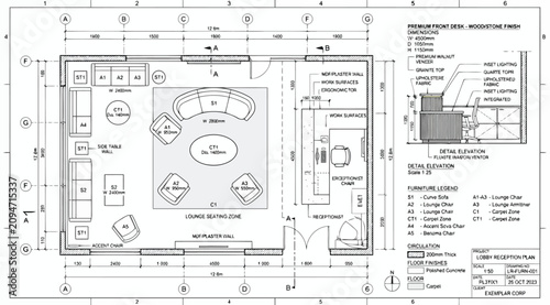 Foto Detailed architectural floor plan for a corporate reception lounge area with fur