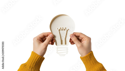 Isolated hands holding a creative light bulb shape, symbolizing an innovative idea.