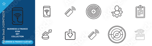 Wireless business and finance icon set showing connectivity finance and management symbols.