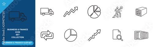 Logistic and financial analytics icons featuring delivery trucks pie charts and growth lines.