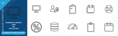 Business and finance icon set collection with computer printer and calendar.