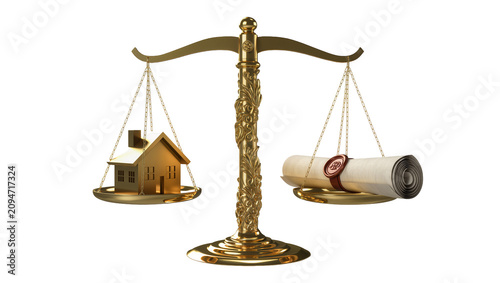 Isolated elegant golden balance scales with a house model and ancient legal scroll.