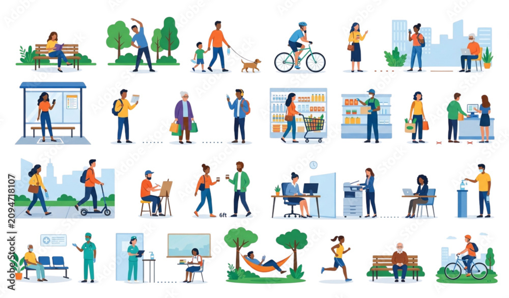 Fototapeta premium Keep Social Distance Illustration Concept, People Maintaining Safe Physical Distance in Public Places, Flat Vector Illustration