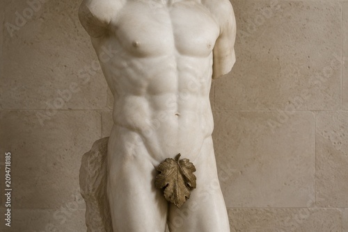 Classical marble sculpture of a male torso with bronze leaf covering.