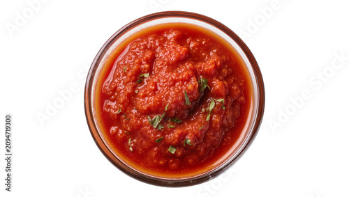 Fotografía Isolated delicious red chunky tomato sauce for pasta or pizza with fresh herbs in a glass bowl, from above