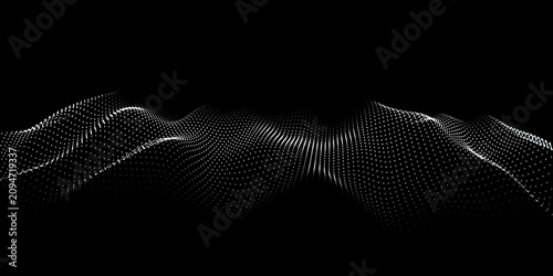 Cuadro en lienzo Digital abstract background showing a flowing wave pattern composed of numerous small white luminous dots on solid black space