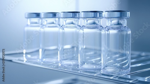 Pharmaceutical Glass Vials Aligned in Laboratory Setting