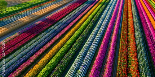 Vibrant aerial view of colorful flower rows featuring purple blue yellow and pink blooms stretching into the distance.