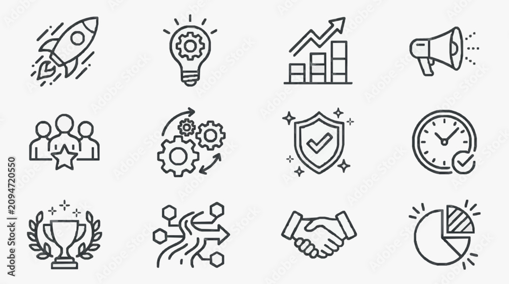 Fototapeta premium Elegant Monochrome Line Icons Set Featuring Business Growth Innovation Success and Collaboration Concepts