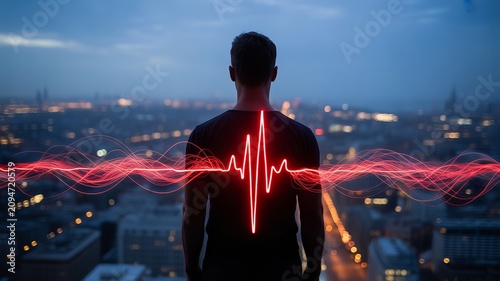 Person overlooking illuminated cityscape at dusk with glowing heartbeat electrocardiogram line symbolizing vitality and urban life