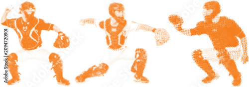 Foto Baseball catcher action poses in orange halftone dot pattern style, male athlete