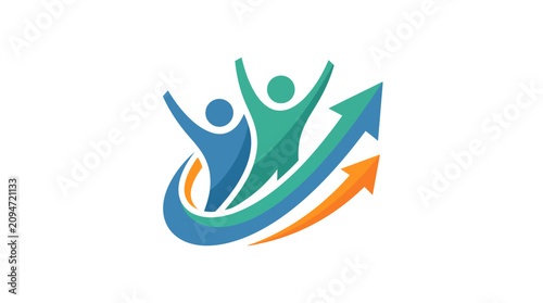 Abstract business logo design featuring happy people and upward arrows for growth and success.