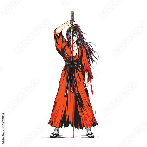 Bloody Female Samurai Warrior Holding Katana in Front Pose with Torn Orange Kimono Vector Illustration