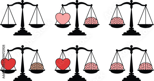 Fényképezés Justice Scale Vector Icon Set with Heart and Brain Symbols for Comparing Logic E