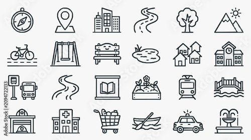 Foto Industrial Minimalist Line Icons Set Black and White Illustrations of Everyday L