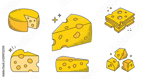 Foto Assorted yellow Swiss cheese slices and wedges.