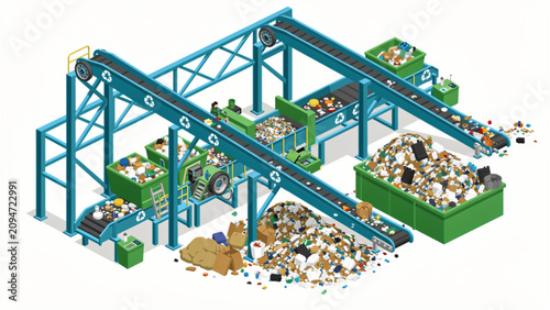 industrial recycling plant with conveyor belts and large waste bins in bright colors