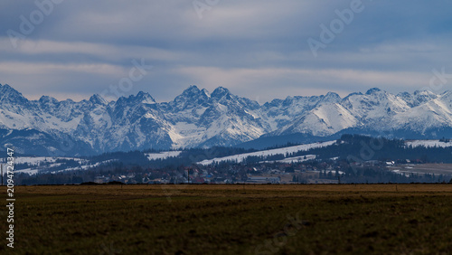 Majestic winter panorama of snow covered Tatra Mountains in Poland, view from Lapszanka and Czarna Gora