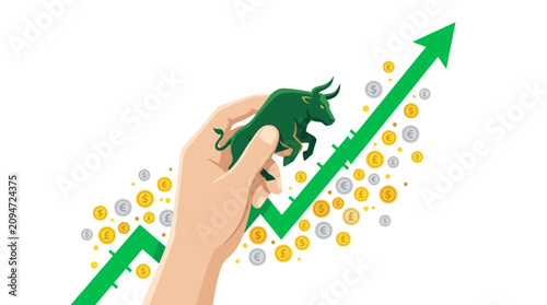 Bull market finance: Hand holding green bull with rising stock chart and currency coins
