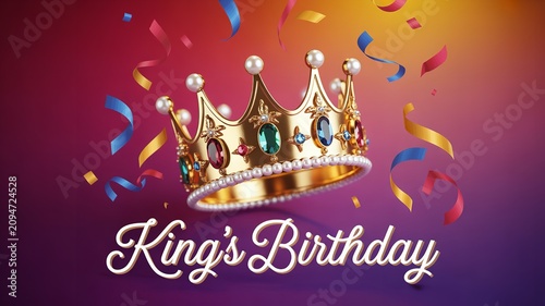 Golden crown with colorful gemstones above King’s Birthday text on festive gradient background with confetti and streamers