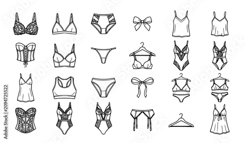 Fotografie Hand drawn lingerie vector icon set with lace bra feminine fashion outline symbo