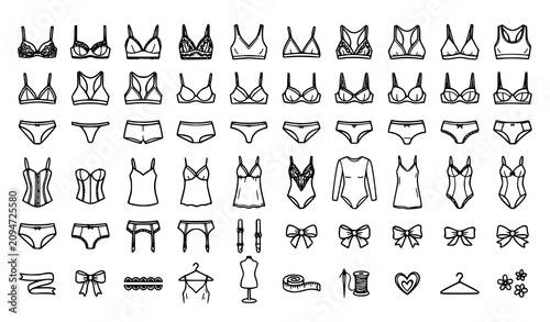 Bild auf Leinwand Doodle lingerie fashion vector icons with lace bra outline clipart collection