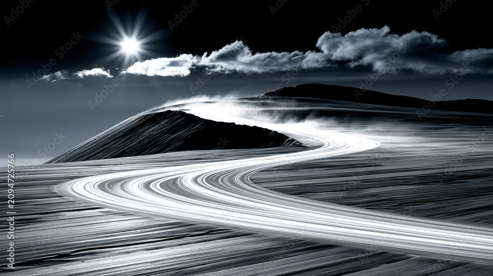 Obraz premium Dramatic landscape with a winding dirt road under a bright sun and cloudy sky landscape outdoors