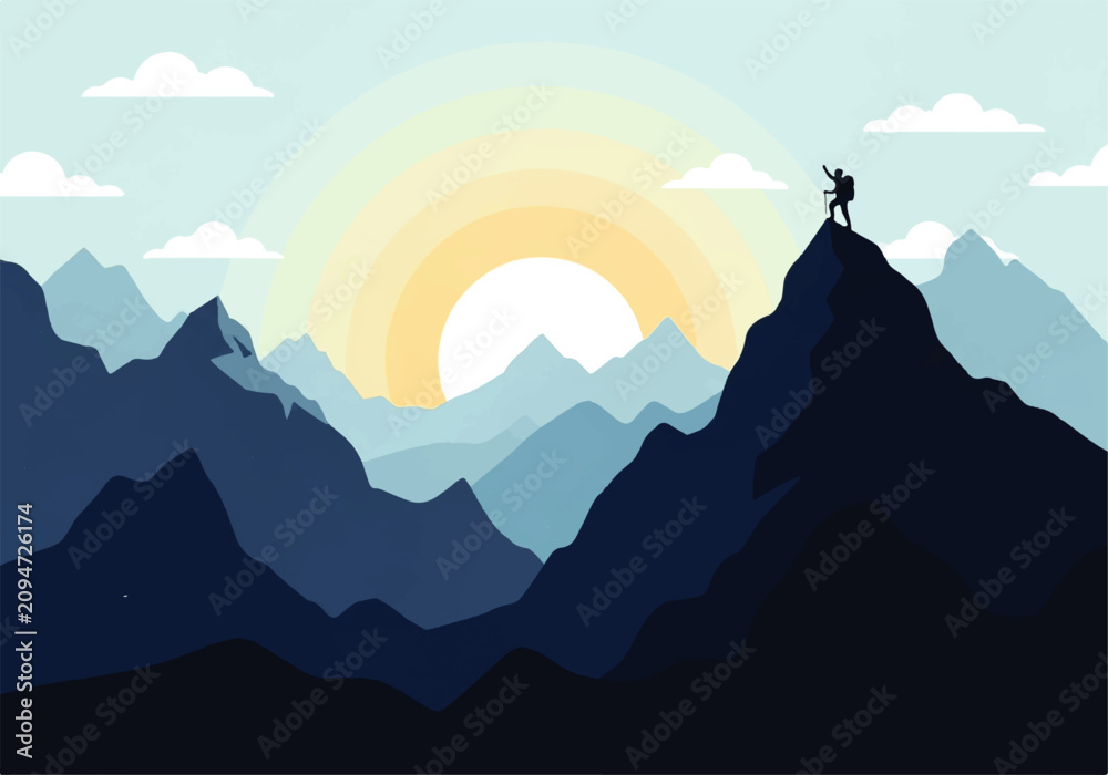 Fototapeta premium Vector flat design illustration of a lone hiker reaching the summit of a majestic mountain range at sunrise