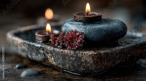 Close-up of candle flames atop dark stones in a shallow stone bowl with water