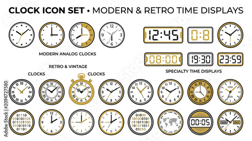 Photos Clock Icon Set: Modern, Retro, Analog, Digital Time Displays