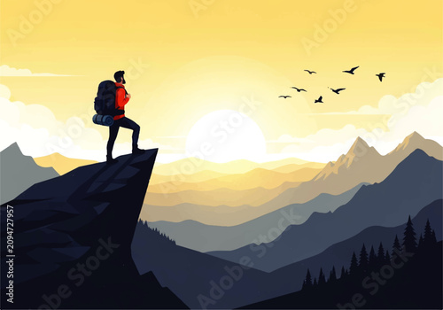 Vector flat design illustration of a lone hiker standing on a mountain peak at sunrise, enjoying the scenic view