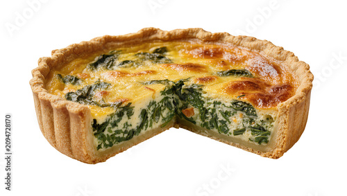 Konstfotografi Isolated gourmet spinach quiche with a slice removed, revealing creamy filling and flaky crust