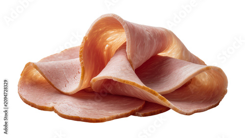 Foto Isolated delicious cured ham slices stacked and folded, ready for sandwiches or charcuterie