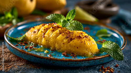 Tropical mango dessert with mint leaves and spices on blue plate tropical refreshing delicious