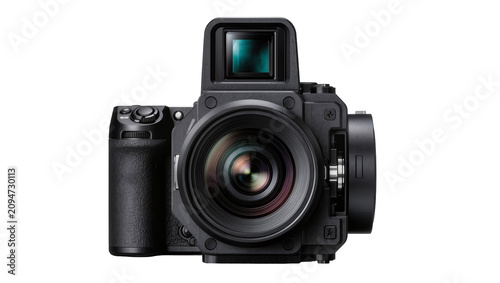 Isolated modern professional digital photography camera with attached lens and advanced features