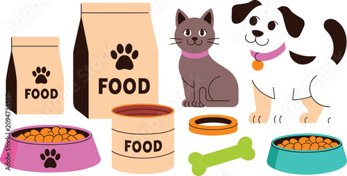 Pet Care and Food Vector Icon Set with Cute Cartoon Cat Dog Dry Kibble Bags Canned Food Feeding Bowls and Bone Toy Graphic Designs