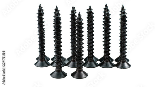 фотографія Isolated black countersunk screws with sharp threads, detailed construction fast